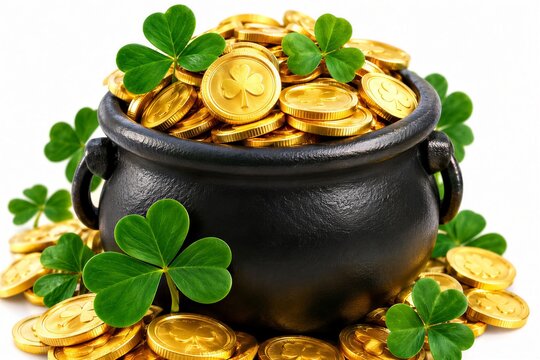 Pot of gold coins isolated, symbolizing St. Patrick's Day, luck, and leprechaun treasure.