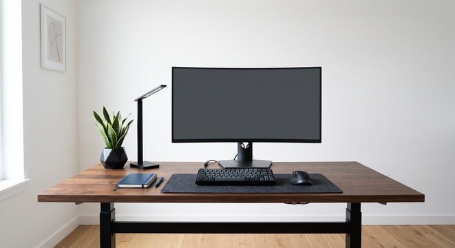 Minimalist standing desk setup with ultrawide curved monitor