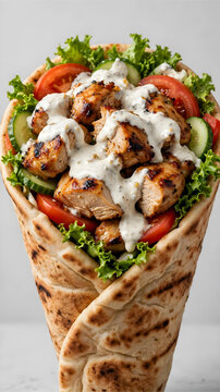 A perfect blend of juicy roasted chicken, fresh lettuce, tomatoes, and cucumber in a pita wrap that delights the palate.