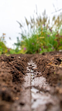 Garden soil furrow with water reflecting wildflower growth in soft natural light