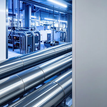 Industrial facility with polished metal pipes and mechanical equipment under cool blue lighting, conveying precision, energy efficiency, and advanced engineering in modern utility interior