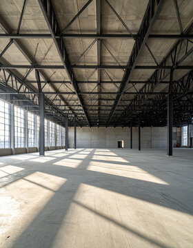 Industrial warehouse interior with steel roof truss, concrete floor, and sunlight through tall windows creating geometric shadows