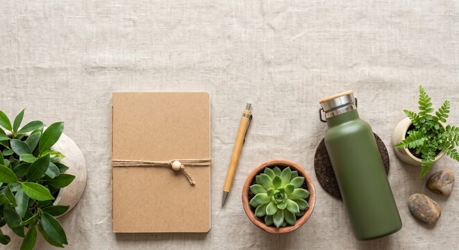 Flat lay eco friendly workspace with kraft notebook and bottle