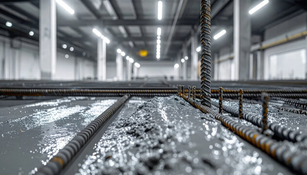Reinforced concrete construction with steel rebar framework and wet cement surface inside industrial building, showing structural detail, material texture, and modern engineering