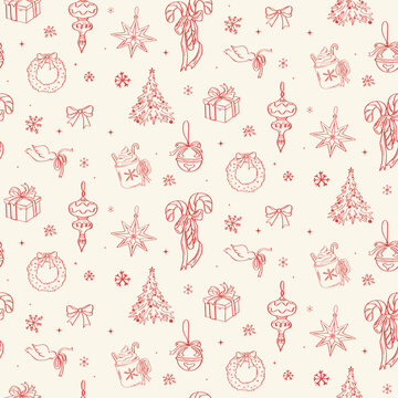 Hand drawn Christmas seamless pattern with festive holiday ornaments on cream background
