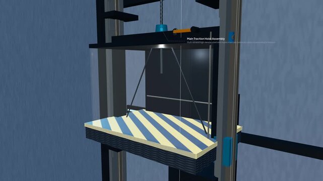 Detailed 3D animation showing the internal mechanics of an elevator overspeed governor and safety braking system, demonstrating cable shearing, centrifugal governor, and wedge brake clamping