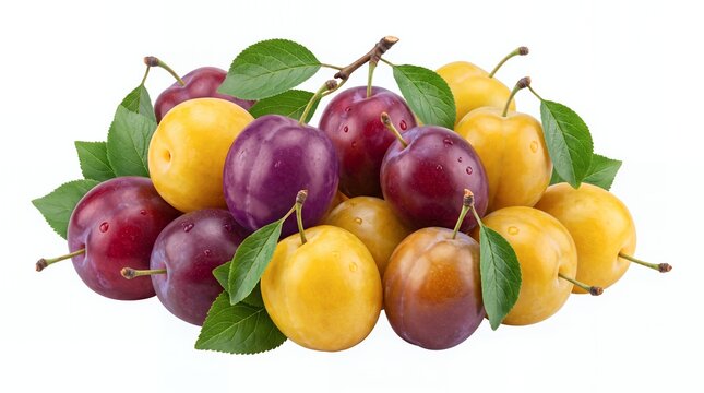 Fresh plums in red, purple, green, and yellow varieties arranged with leaves on a clean white background for healthy food, seasonal fruit, nutrition, grocery, and fresh produce concepts.