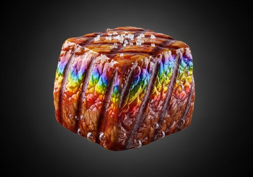 Glossy seared beef cube levitates against a dark backdrop, showing iridescent oil reflections and scattering white crystals of coarse salt, beef, rainbow, tender