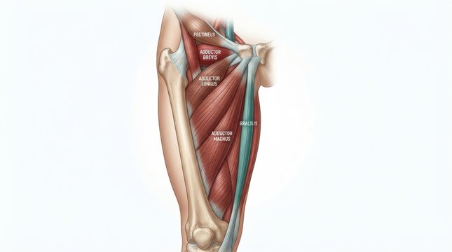 Illustration shows medial muscle group anatomy with labeled muscles related to sports injury situated in human limb.