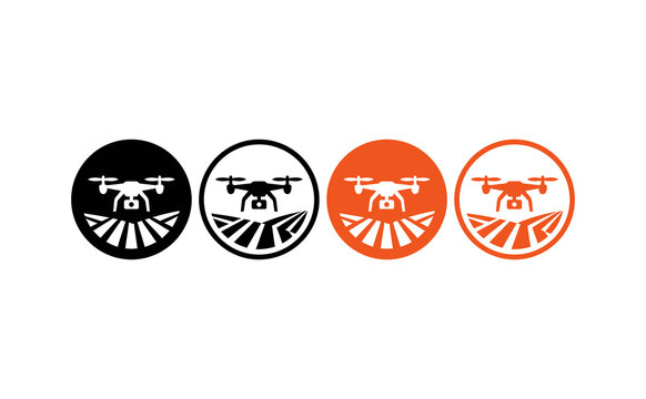 Modern drone icon set showing aerial farm surveillance in black and orange