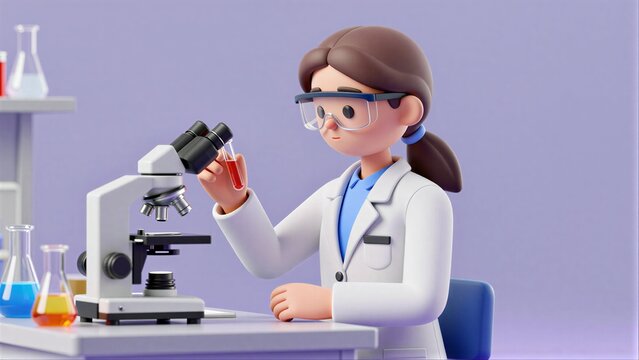 Lab scientist examines red liquid in test tube near microscope and beakers.