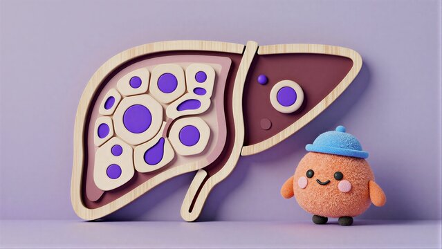 Cute plush toy stands beside stylized liver model with colorful internal structures.