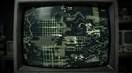 Vintage CRT Monitor Screen with Green Glitch Art and Digital Static Interference Displaying Geometric Grid Patterns and Distorted Data in a Darkened Room Setting © Perry Ashari