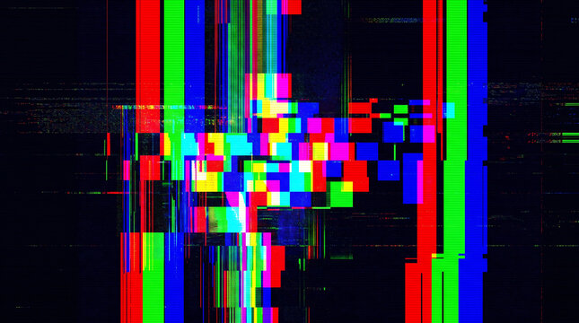 Abstract digital glitch art background featuring RGB color distortion, horizontal scan lines, pixelated data corruption effects, and vertical stripes in red, green, blue, and cyan.