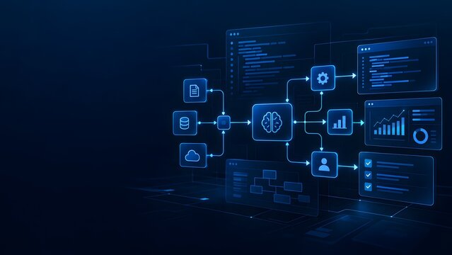 Intelligence workflow flowchart connecting automated processing to databases analytics and digital assets