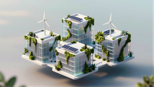 Green buildings with solar panels and wind turbines promote sustainable urban living.