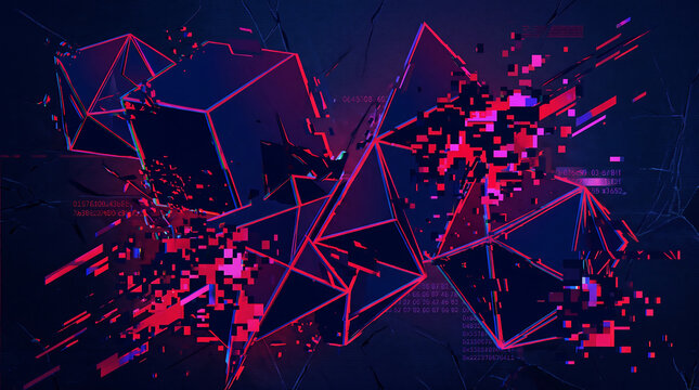 Abstract 3D digital glitch background featuring glowing red and blue geometric wireframe shapes, pixelated data corruption, hexadecimal code overlays, and a cracked dark texture.