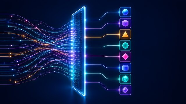 Raw digital data lines passing through a glowing filter converting into organized geometric shapes and categories