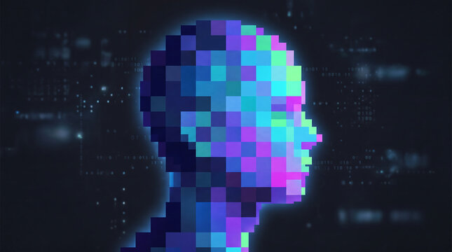 Digital profile of a human head silhouette composed of multi-colored pixels and glowing blocks on a dark background with binary code, glitch effects, and data visualization.
