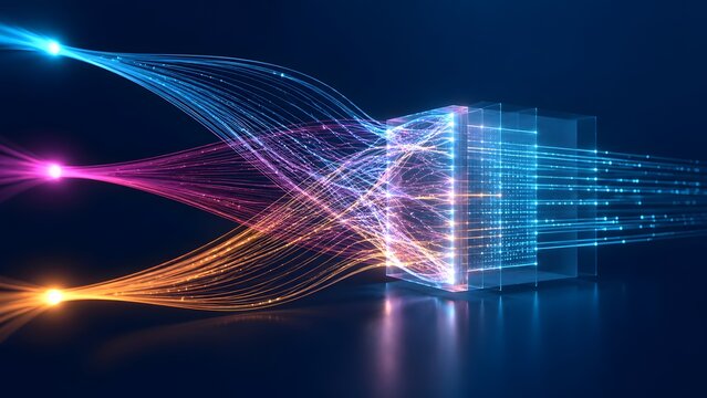 Glowing data lines converging into a glass computing cube to be sorted into structured digital information
