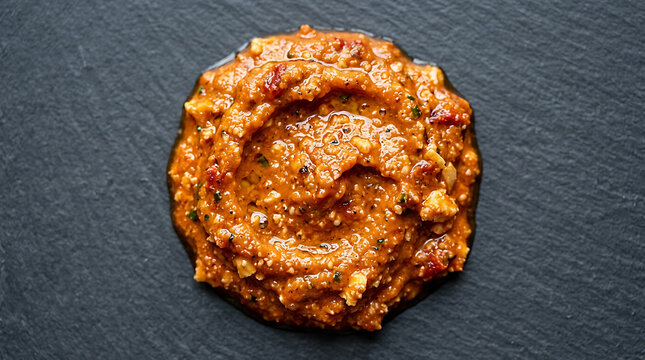 Close up of rustic tomato and herb dip on dark slate.