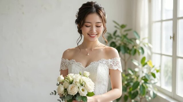 自然光が差し込む窓辺で白のウェディングドレスをまとい花束を抱えて微笑む花嫁