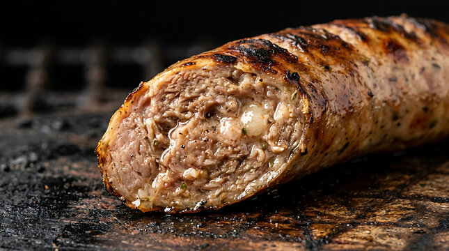 Close-up of grilled sausage with juicy texture and char marks on a grill