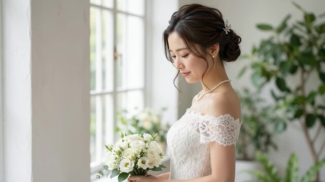 ウェディングドレスを着てブーケを持ち微笑む女性