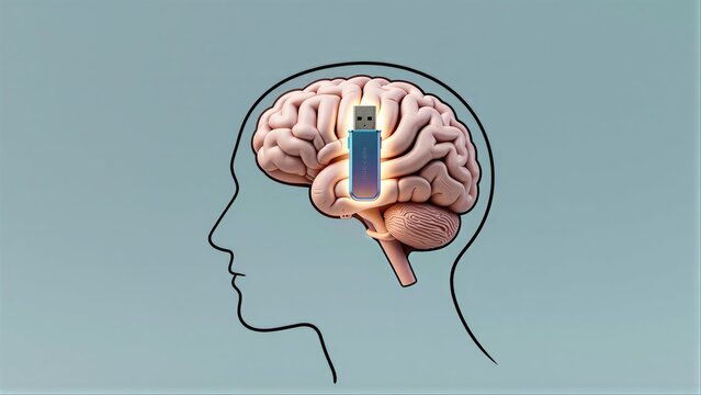 Brain with USB drive inside, symbolizing digital mind storage or AI integration.
