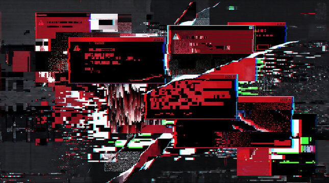Abstract digital glitch background with red system error warning message windows, pixelated screen artifacts, corrupted data visualization, and chromatic aberration effects.