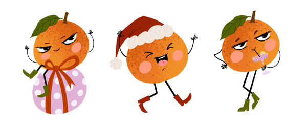 Fototapeta premium Christmas mandarin character vector clipart bundle with three cute orange fruit mascots sitting on gift box, dancing in Santa hat, drinking party cocktail in naive indie style for festive print