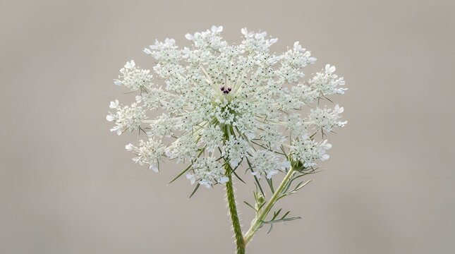 Beautiful botanical study of Queen Anne's Lace flower, Daucus carota or wild carrot, showcasing the intricate white lace-like umbel and tiny central purple floret isolated on a neutral background.