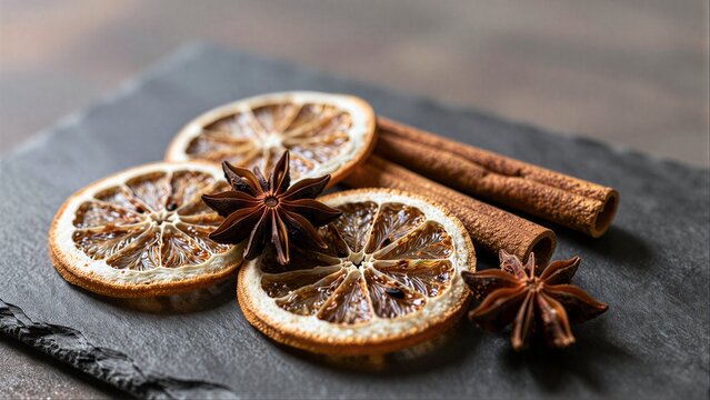 Dried citrus, cinnamon sticks, and star anise on dark stone surface.