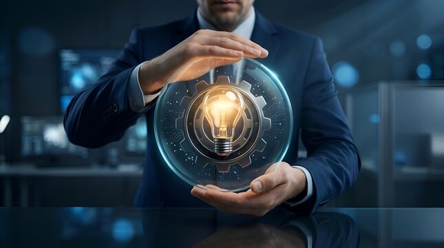 Businessman protecting a glowing light bulb inside a gear icon and transparent glass shield, representing intellectual property protection, innovation, creative business ideas, and patent security.