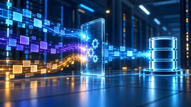 Digital data refinement process flowing through gear interface into structured server storage database