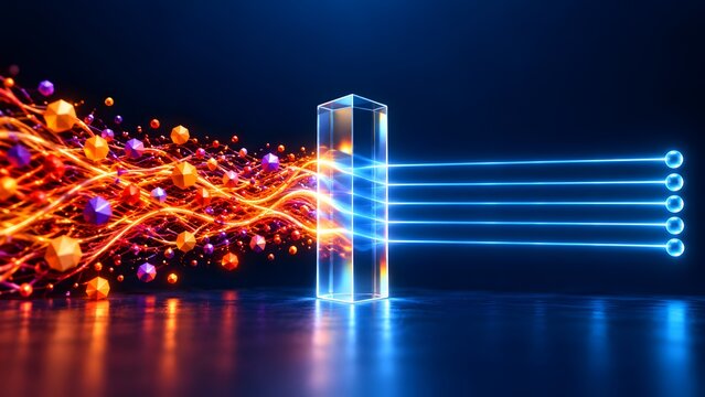 Chaotic glowing particles passing through glass prism transforming into organized laser lines