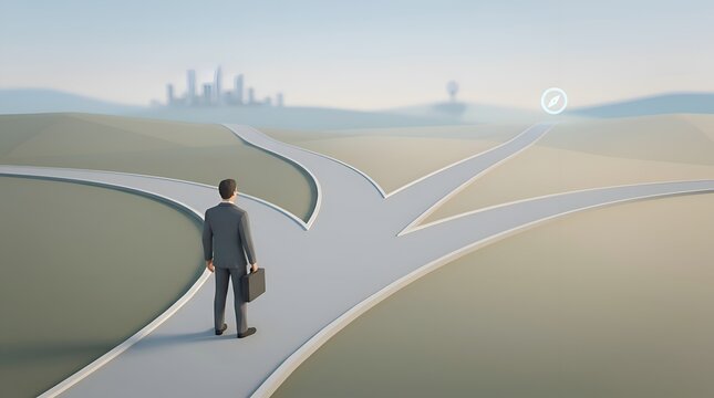 Businessman in a formal suit standing at a four-way crossroad with multiple diverging paths leading to different destinations, symbolizing strategic corporate decision making and career development.