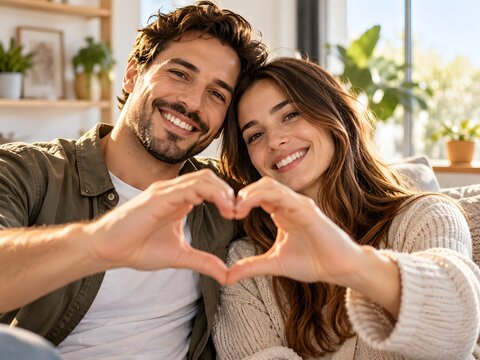 Warm lifestyle photograph of a smiling couple forming a heart shape with their hands in a bright modern home, ideal for love, relationships, romance, family and lifestyle content.