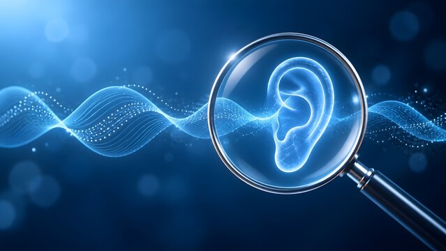 Magnifying Glass Analyzing Human Ear Symbolizing Sound Waves Hearing Technology or Audio Research
