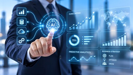Obraz premium Businessman interacting with a futuristic digital artificial intelligence HUD interface featuring predictive analytics, forecasting charts, and global business strategy data in a modern office.