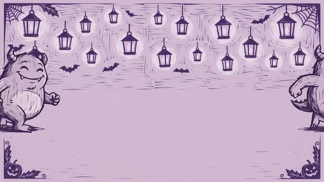 Woodcut halloween monster hopping across purple copy space backdrop