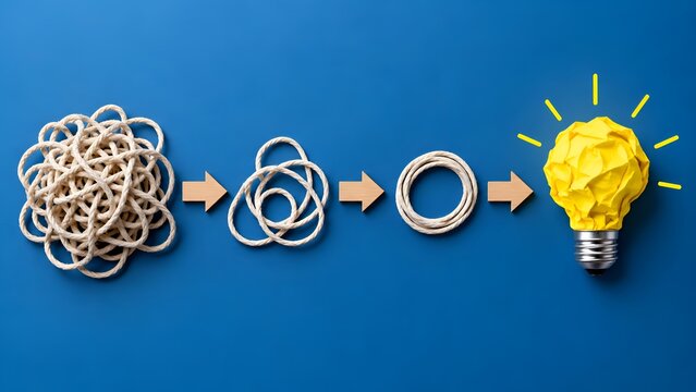 Concept of simplification and creative problem solving showing a tangled rope evolving through stages into a bright yellow lightbulb idea on a solid blue background.