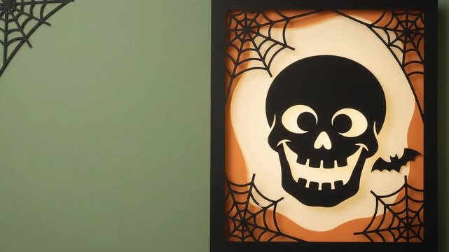 Layered papercut skull winking on sage green copy space backdrop