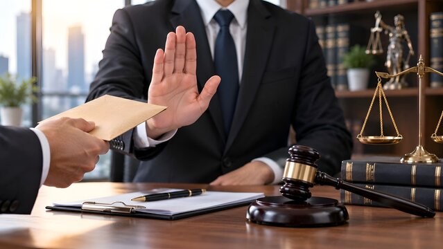 Honest Lawyer in Formal Suit Making Stop Gesture to Refuse Brown Envelope with Bribe Money, Concept of Anti Corruption, Integrity, Ethics, Justice and Legal Law System in a Professional Office.