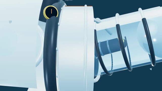 Detailed 3D animation exploring the internal mechanics and cross section of a rotary joint in an atmospheric diving suit featuring dual bearings and pressure balanced fluid bath for deep sea explorat