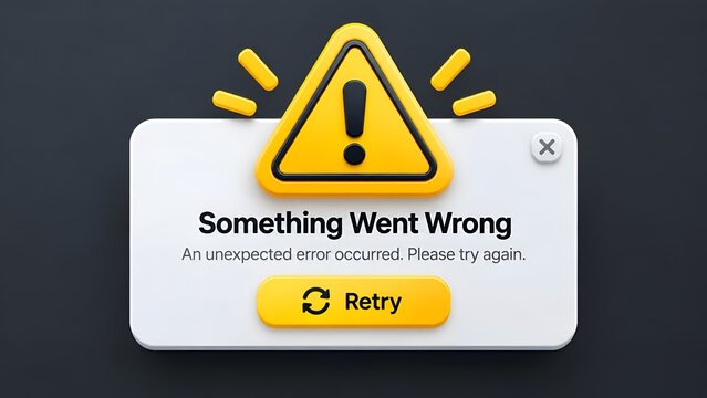 3D stylized error message popup window with yellow warning triangle exclamation mark and retry button on dark background, conceptualizing software failure or system connection problems