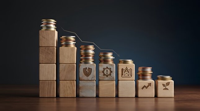 Financial decline and economic crisis concept with stacks of coins and wooden blocks showing downward trend, business risk, market loss, and recession on a dark background.