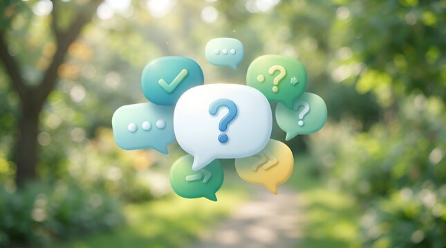 Customer Support and FAQ Concept Featuring 3D Speech Bubbles with Question Marks and Check Icons Floating over a Blurred Natural Green Garden Background for Communication and Help Desk Services