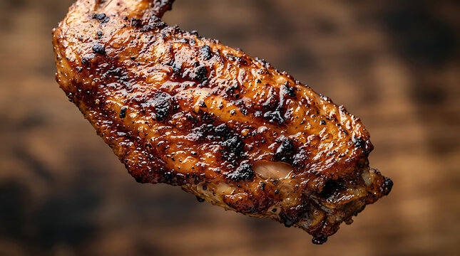 Close-up of a crispy, grilled chicken wing with dark char marks on a wooden background.