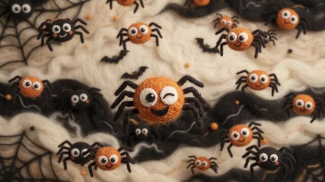 Felted wool spider background with stop motion halloween characters